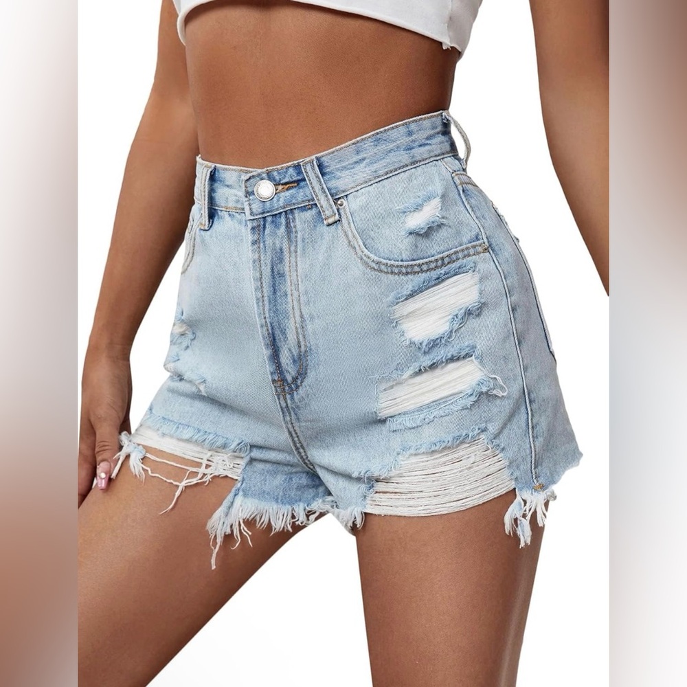 Distressed Light Blue Denim Shorts